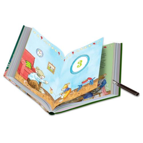 Illustriertes Kinderbuch, aufgeschlagen auf einer Seite mit einer Maus und einem kleinen Vogel.