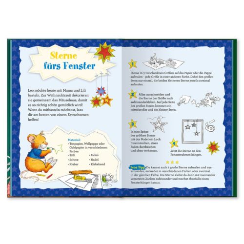 Aufgeschlagenes Kinderbuch mit Stern-Bastelarbeiten und Anleitungen, mit einer Maus-Figur auf der linken Seite.