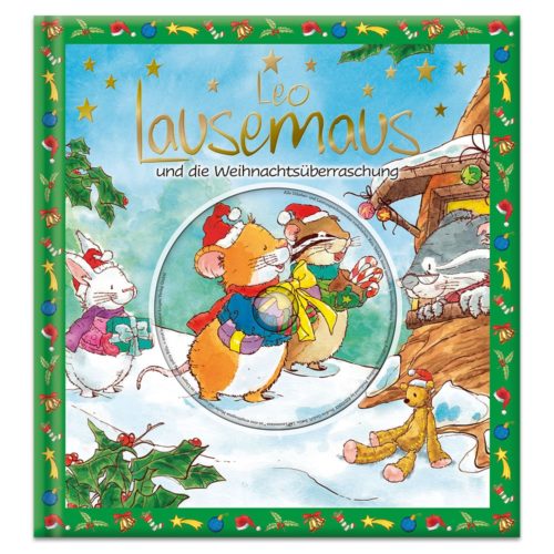 Cover eines festlichen Kinderbuchs mit Mäusen im Winterkostüm mit Geschenken vor einem grün verzierten Rand.