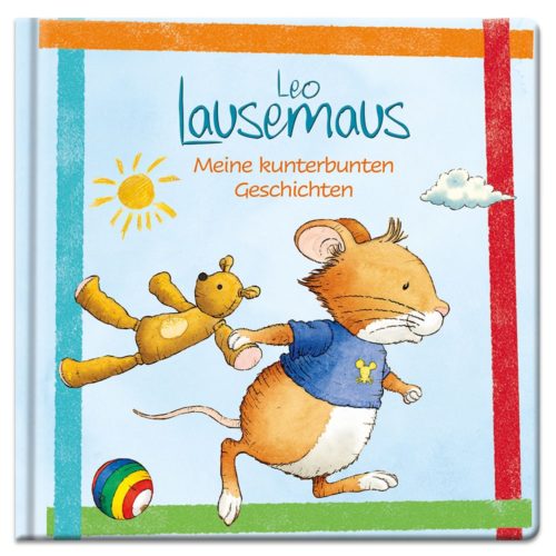 Cover eines Kinderbuchs mit einer Maus, die einen Teddybär hält, mit einer Sonne, einer Wolke und einem Ball im Hintergrund.