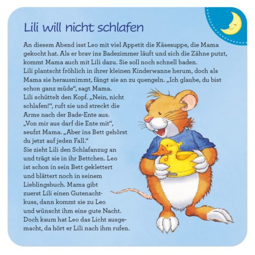 Illustration einer Maus im Pyjama mit einem Teddybär, Text auf Deutsch darüber, dass Lili nicht schlafen will.