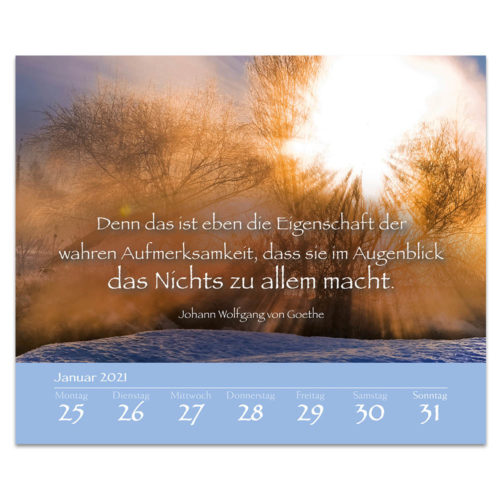Kalenderblatt mit einem Goethe-Zitat über einer Winterlandschaft mit Bäumen und strahlendem Sonnenlicht.