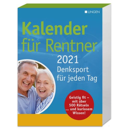 Cover des „Kalender für Rentner 2021“ mit einem lächelnden Paar und Text zu täglichen Rätseln.