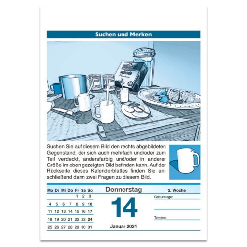Eine Kalenderseite mit einer Such- und Finde-Illustration mit Küchenartikeln und dem Datum 14. Januar 2021.