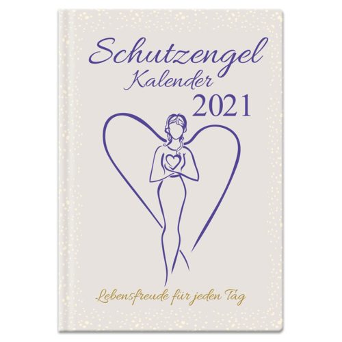Cover eines „Schutzengel Kalenders 2021“ mit Engelillustration und deutschem Text „Lebensfreude für jeden Tag“.