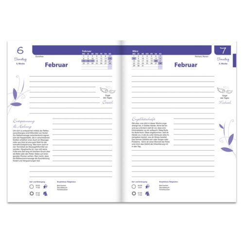 Offener Planer mit dem 6. und 7. Februar, mit linierten Seiten, kleinem Kalender und dekorativen violetten Akzenten.