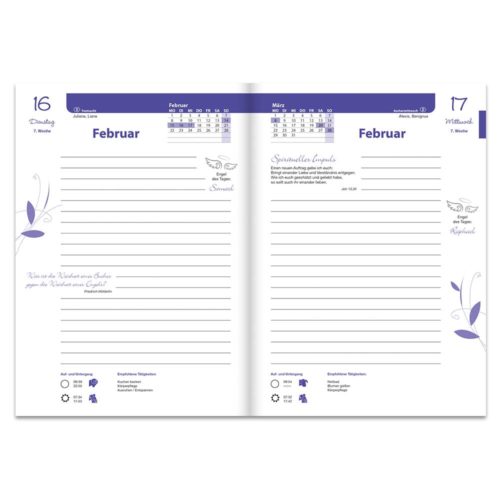 Offener Planer mit Februar-Kalender, linierten Seiten und dekorativen violetten Akzenten.