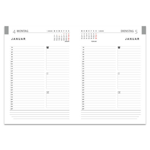 Offener Planer mit Terminen für den 4. und 5. Januar, mit Stundenlinien und kleinem Kalender oben.