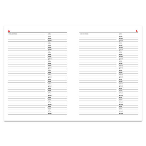 Offenes Adressbuch mit linierten Seiten, beschriftet mit dem Buchstaben „A“ und Raster zum Eintragen der Kontaktdaten.