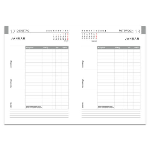 Eine Kalenderdoppelseite zeigt den 12. und 13. Januar mit Zeitfenstern und Notizabschnitten.