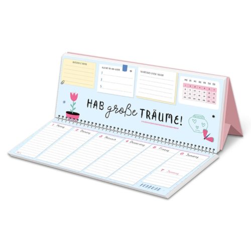 Tischkalender in deutscher Sprache mit Motivationstext, Wochenplaner und farbenfrohen Blumen- und Kaffeeillustrationen.