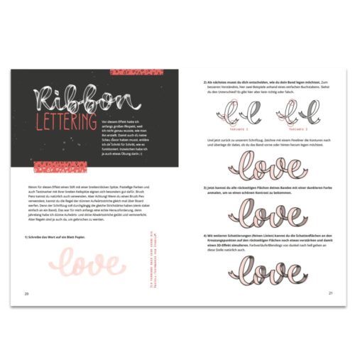 Seiten mit Ribbon Lettering-Anleitungen und Beispielen zum Erstellen des Wortes „Liebe“ in verschiedenen Stilen.