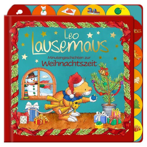 Weihnachtsbuchcover für Kinder mit einer Maus, die einen Baum mit einer verschneiten Fensterszene schmückt.