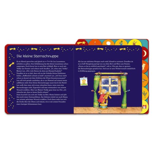 Eine Kinderbuchseite mit Illustrationen eines Kindes, das aus einem Fenster schaut, umgeben von bunten Sternen und Text.