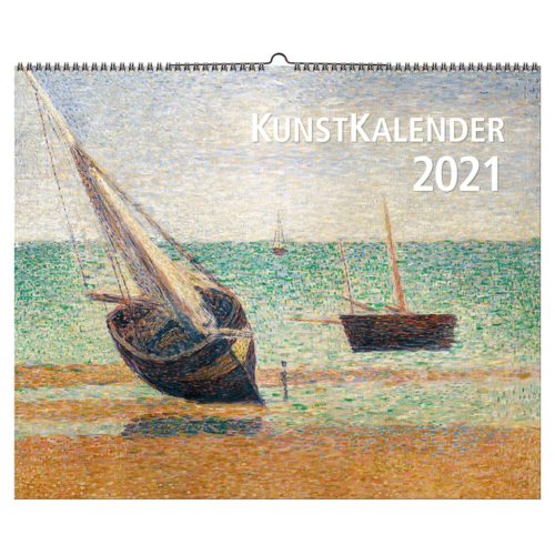 Kalendercover mit einem Gemälde von Booten an einem Strand, betitelt „KunstKalender 2021“.