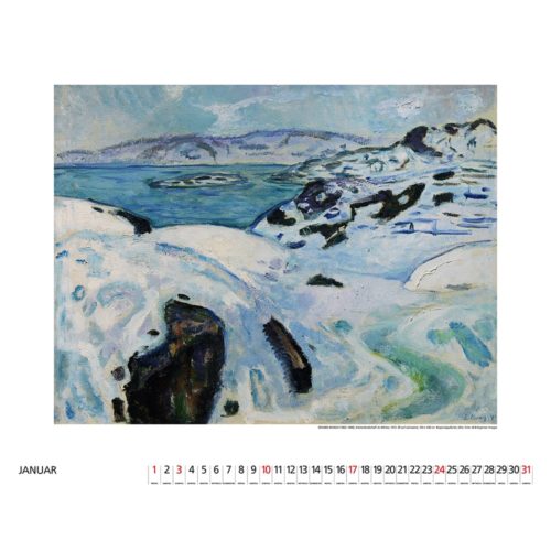 Kalenderseite für Januar mit einem Gemälde einer verschneiten Küste mit blauem Wasser und felsiger Landschaft.