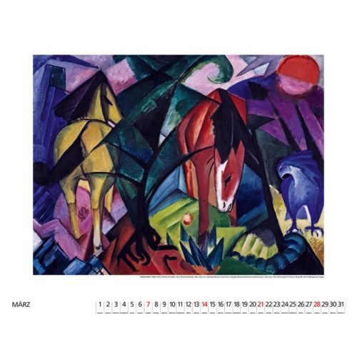 Expressionistisches Gemälde von bunten Pferden in einer lebendigen Landschaft, mit einem Kalender für März unten.