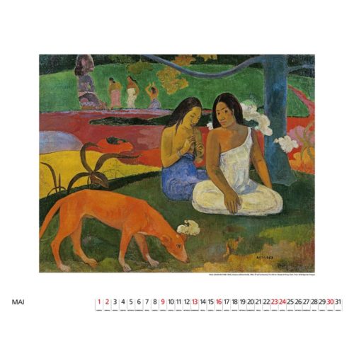 Kalenderseite mit einem Gauguin-Gemälde mit zwei Frauen und einem Hund, mit der Aufschrift „MAI“ für Mai.