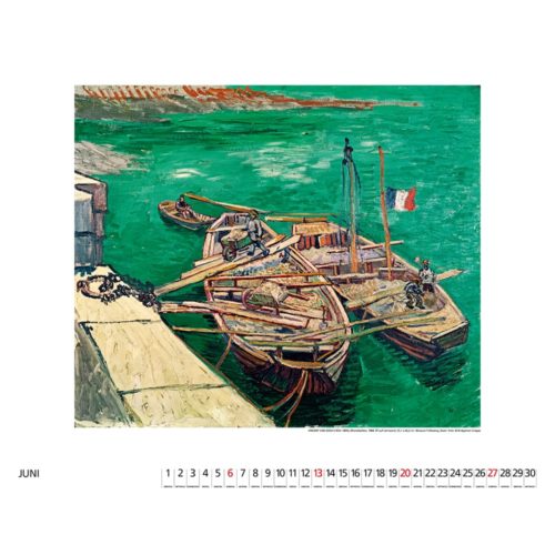 Gemälde von Booten an einem Pier auf einem grünen Fluss, mit einer französischen Flagge. Im Kalender unten ist Juni markiert.