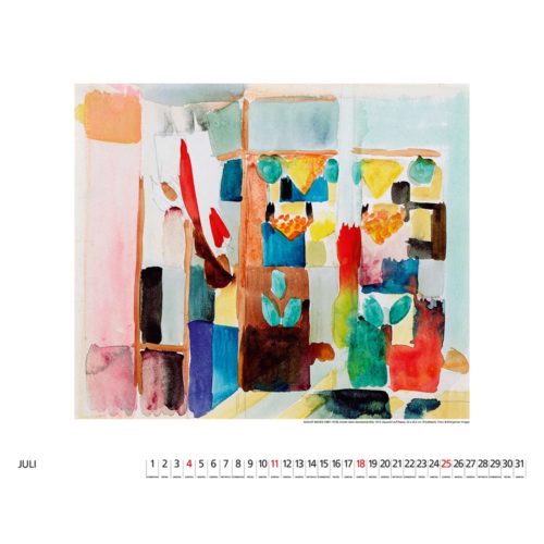 Abstraktes Aquarellgemälde mit farbenfrohen geometrischen Formen und Mustern über einem Juli-Kalenderraster.