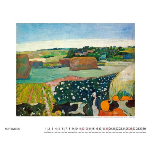 Impressionistisches Gemälde einer idyllischen Landschaft mit Kühen, Feldern, Heuhaufen und einer Figur im Septemberkalender.