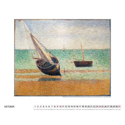 Impressionistisches Gemälde von Booten an einem Strand mit einem Kalender für Oktober unter dem Kunstwerk.