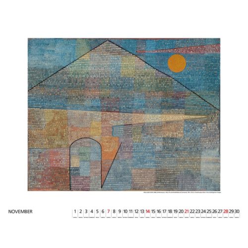 Abstrakte Kunstkalenderseite für November mit strukturierten geometrischen Formen und einer Sonne.
