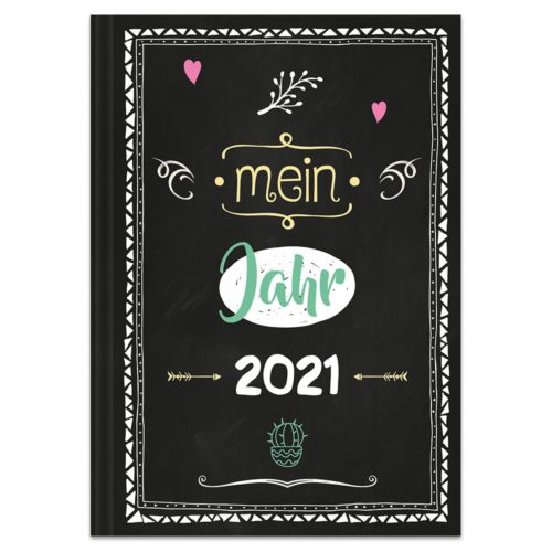 Dekorativer Planereinband mit „mein Jahr 2021“ in Gold und Weiß, mit rosa Herzen und grünen Akzenten.