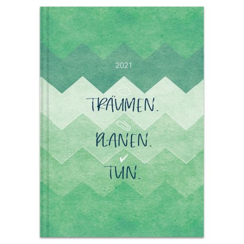 Grüner Planer 2021 mit Zickzackmuster und deutschem Text „Träumen. Planen. Tun.“
