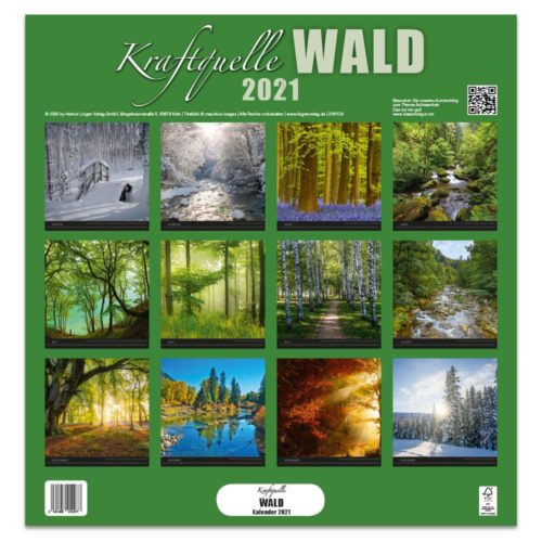 Kalendercover mit 12 Waldbildern verschiedener Jahreszeiten und einem QR-Code in der oberen rechten Ecke.