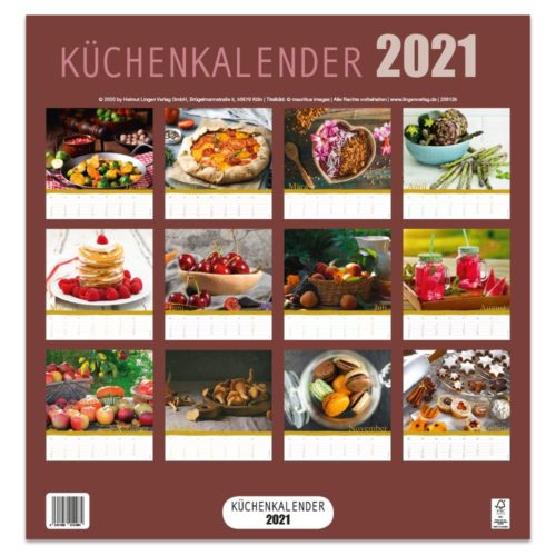 Rückseite eines Küchenkalenders 2021 mit Abbildungen verschiedener Lebensmittel für jeden Monat.