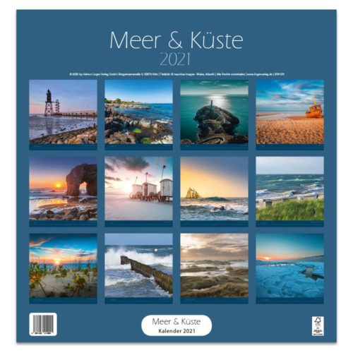 Kalendercover mit „Meer & Küste 2021“ und 12 kleinen Fotos zum Thema Küste und Meer.