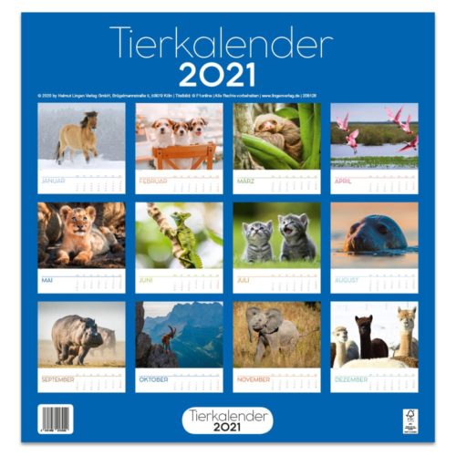 Tierkalender mit monatlichen Wildtierfotos für 2021, darunter Pferde, Flamingos, Lemuren und mehr.