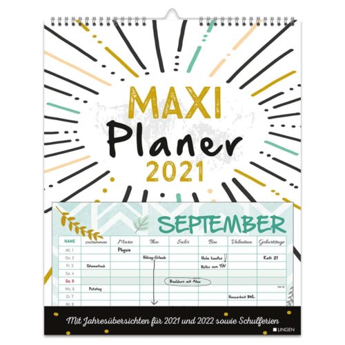 Maxi-Wandkalender 2021 aufgeschlagen bis September mit Platz für Notizen und wichtige Termine.