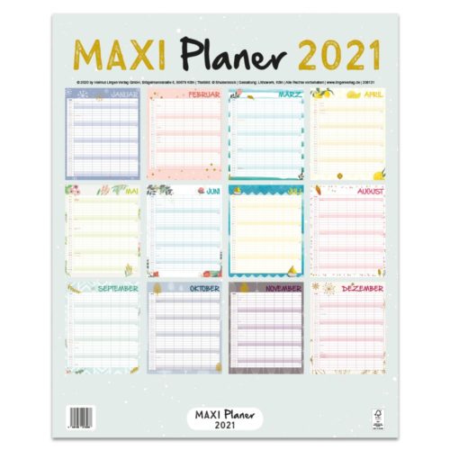 Ein dekorativer Wandkalender 2021 mit Monatsplanern für Januar bis Dezember in deutscher Sprache.