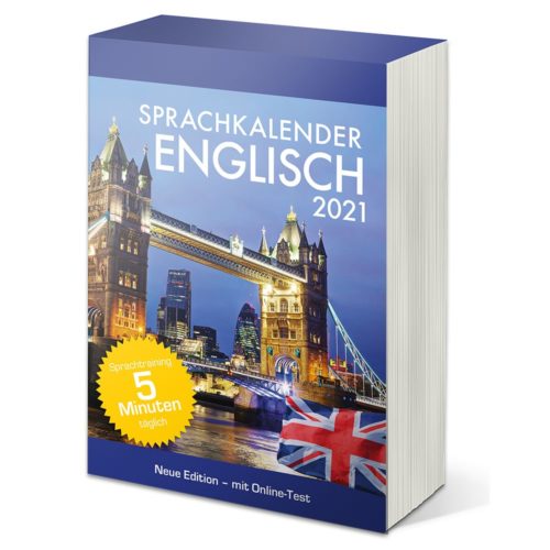 Buch mit dem Titel „Sprachkalender Englisch 2021“ mit einem Bild der London Bridge und einem Abzeichen mit britischer Flagge.