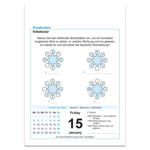 Ein Vokabelrätsel in Deutsch und Englisch mit Worträdern. Datum unten: Freitag, 15. Januar.