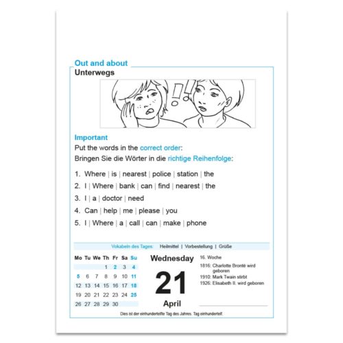 Arbeitsblatt mit Abbildungen und Übungen zur Wortstellung, mit dem Kalenderdatum 21. April.