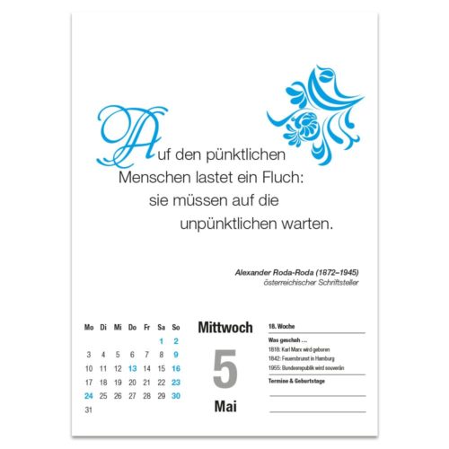 Kalenderseite für den 5. Mai mit einem deutschen Zitat über Pünktlichkeit mit dekorativen blauen Elementen.