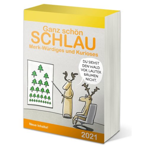Cartoon-Hirsch, der ein Plakat mit Bäumen betrachtet. Der deutsche Text auf einem gelben Buchcover lautet „Ganz schön SCHLAU“ und „2021“.