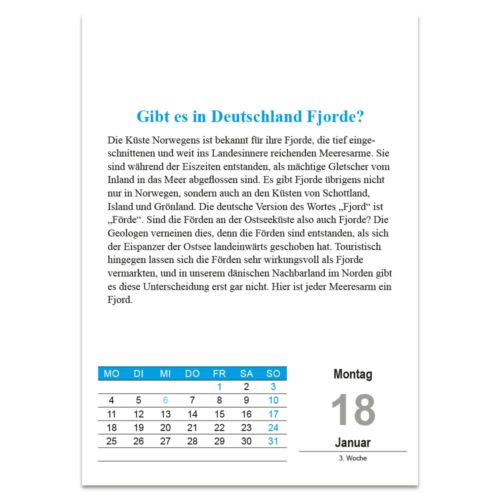 Ein deutsches Kalenderblatt für den 18. Januar mit Informationen zu Fjorden in Deutschland.