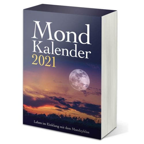 3D-Buchcover des „Mond Kalender 2021“ mit Mond- und Sonnenuntergangshintergrund.