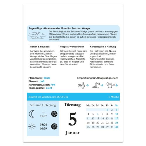 Eine Tagesplanerseite für den 5. Januar mit Mondphasen, Gartentipps und Wellness-Ratschlägen.
