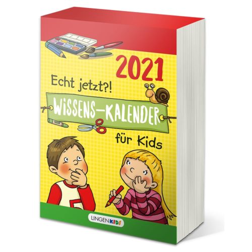 Wissens-Kalender für Kinder 2021, Buch mit illustrierten Bildern von Kindern und Kunstbedarf auf dem Cover.