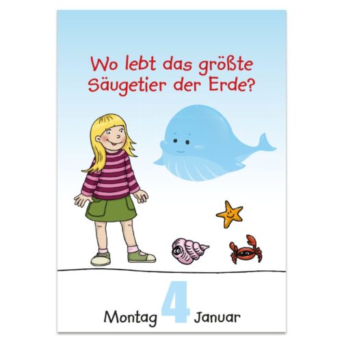 Ein Mädchen und Meerestiere mit einer deutschen Frage zum größten Säugetier. Text: Montag 4. Januar.