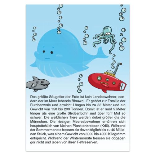 Illustrierte Meeresszene mit Wal, Hai, U-Boot und Blasen, darunter ein deutscher Text.