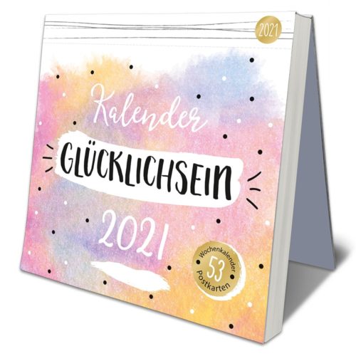 Glücklichsein-Kalender 2021 mit farbenfrohem Aquarell-Hintergrund und gepunktetem Design.