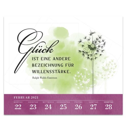 Kalenderblatt mit deutschem Zitat von Emerson und Pusteblumen-Design, Termine für Februar 2021 sind sichtbar.
