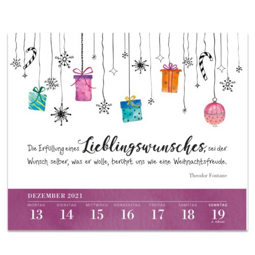 Kalenderblatt mit hängenden Geschenken und Schneeflocken. Datum ist Dezember 2021. Ausgewähltes Zitat von Theodor Fontane.