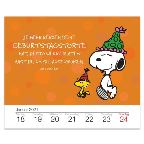 Cartoon-Hund und Vogel mit Partyhüten auf orangefarbenem Hintergrund mit deutschem Text, Kalender Januar 2021.